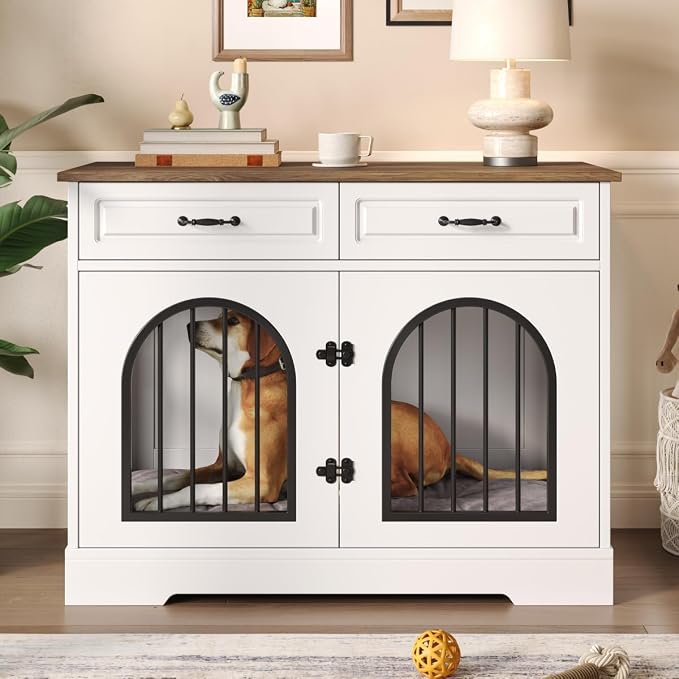 43.3" Dog Crate Furniture, Heavy Duty Indoor Dog Kennel with 2 Storage Drawers, Dog Cage with Side Doors for Medium Large Dogs, End Table Dog Crate, White and Brown