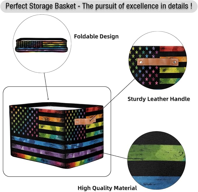Pardick Flag Basket Storage Bins Rectangle Canvas Basket Cube Storage Box | Nursery Foldable Basket with Handle for Kids Girls Boys Toys Living Room Closet Organizer Shelf Gifts Camo Rainbow