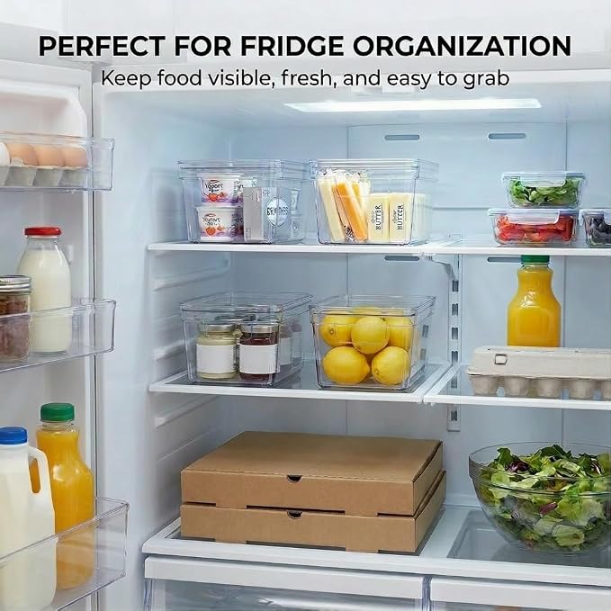 MOONEDGE 2 Pack 10x6x5 Stackable Small Clear Storage Bins with Lids | Plastic small item organizer containers with handles for vanity, craft, office, fridge, kitchen, pantry, bathroom and closet