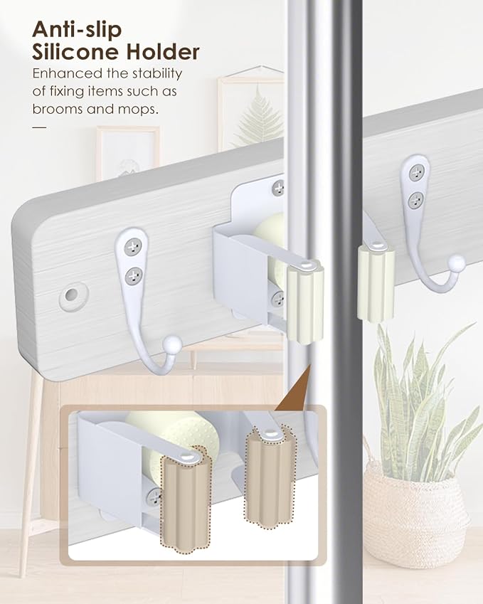Broom Holder Wall Mounted, 2 Pack White 4 Holders and 4 Hooks Mop Holder, Wooden Mop and Broom Holder with Anti slip rubber, Natural pine wood Brush Holder, Mop Wall Holder with Nail installation | Mop Holder Wall Mount and Broom Hanger for Garage, Lau...