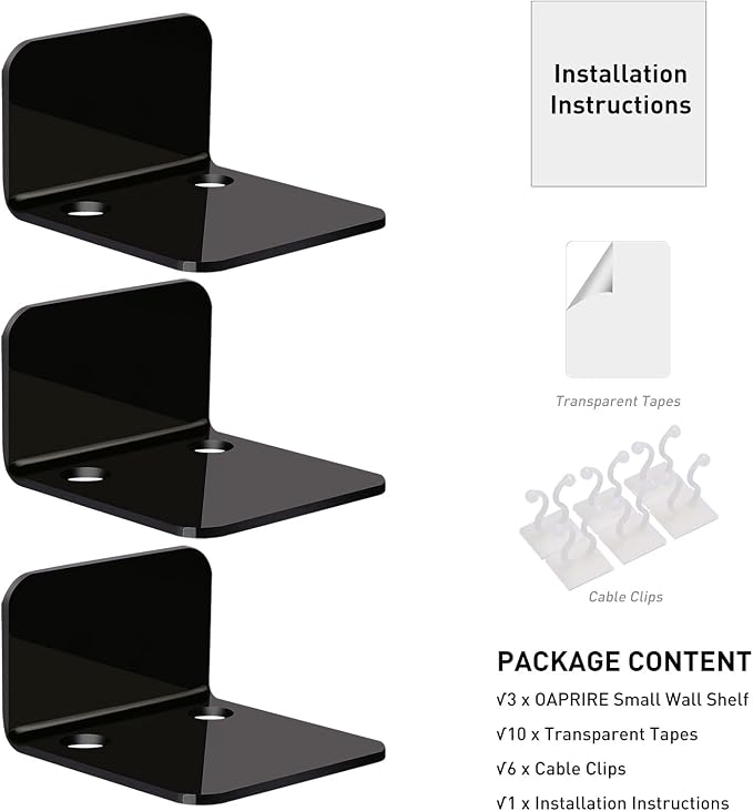 OAPRIRE Small Floating Wall Shelf Set of 3, 4" Black Acrylic for Monitors | Universal, with Cable Clips & Tapes, No Drill, Easy to Install, Durable, Fits Security Cameras, Baby Monitors, Speakers