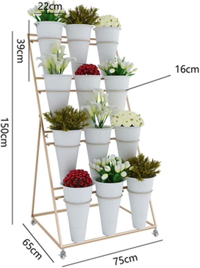 Flower Stand with Wheels Movable Wrought Iron Multi-Layer Flower Display Stand Plastic Flower Bucket Stand Flower Shop Balcony Courtyard