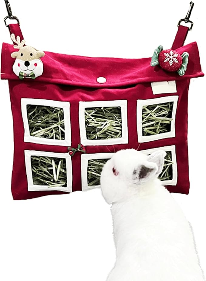 Rabbit Hay Feeder Bag with Cute Pendant, Storage Guinea Pig Feeder Rack Bag, Large Capacity Cotton Canvas Hanging Bag for Bunnies Chinchillas Guinea Pigs (Red,L)