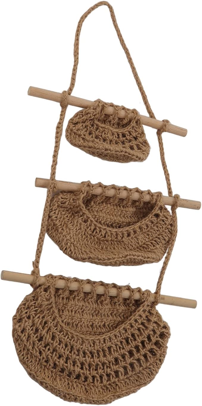 3 Tier Hanging Fruit Basket, Wall Mounted Hemp Rope and Wood Organizer, Handcrafted Over The Door Storage for Toys Pet Plush Dolls Kitchen Bathroom Living Room
