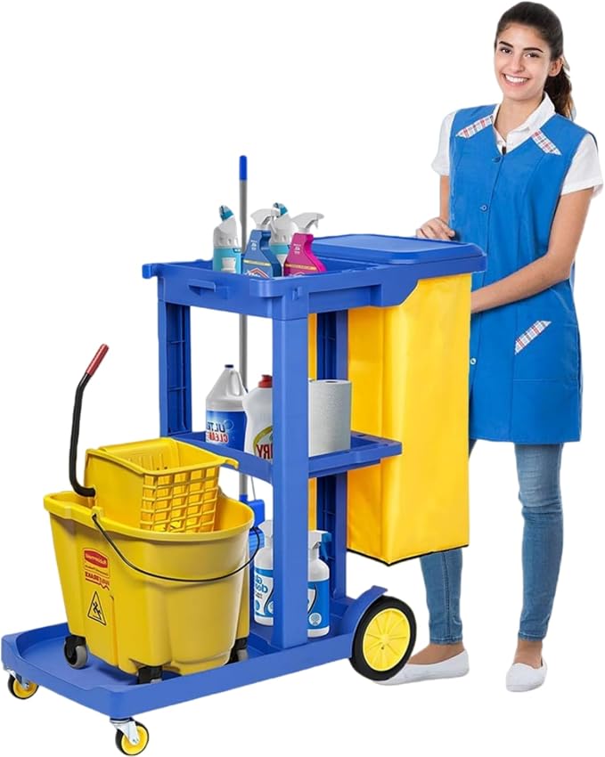 tonchean Commercial Janitorial Cart, 3-Shelf Housekeeping Cart with 22 Gallon Vinyl Bag & Cover, Large Cleaning Cart with Wheels for Hotel, Store, School, Office