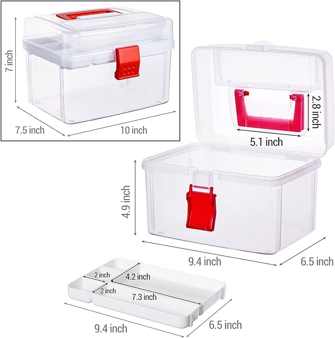 MyGift 10 Inch Clear First Aid Bin with Tray & Quick Access Lid, Red | Keep first aid or medical supplies organized in a clear bin with a detachable tray, quick-access lid flap and portable design