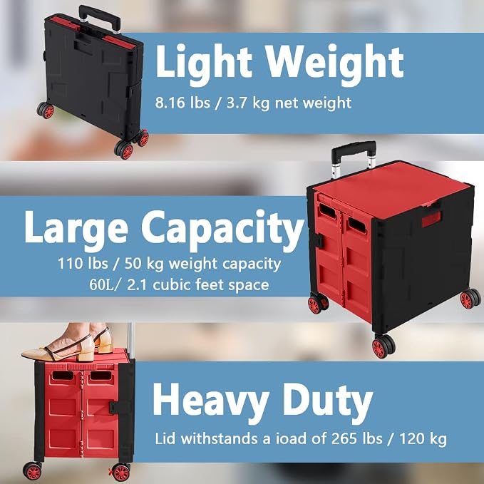 Foldable Shopping Utility Cart Portable Rolling Crate Handcart with 360°Rotate Wheel,Hidden Lid,Telescoping Handle Collapsible for Travel Shopping Moving Storage Office Use(Black/Red)