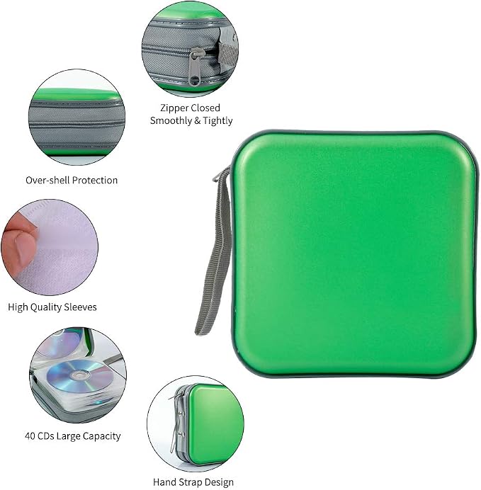 CD Case, 40 Capacity CD DVD Case Wallet Holder Portable Disc VCD Heavy Duty Binder Storage Organizer (Green)