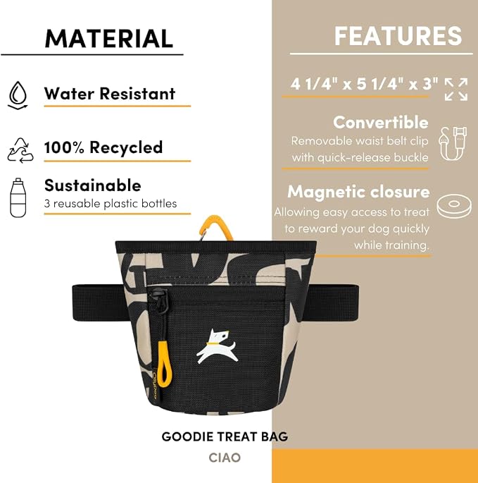 OllyDog, Goodie Treat Bag, Dog Treat Training Pouch | Magnetic Closure | 3 Ways to Wear | Hands-Free Waist Belt | Water-Resistant Recycled Vegan Fabric (Ciao)