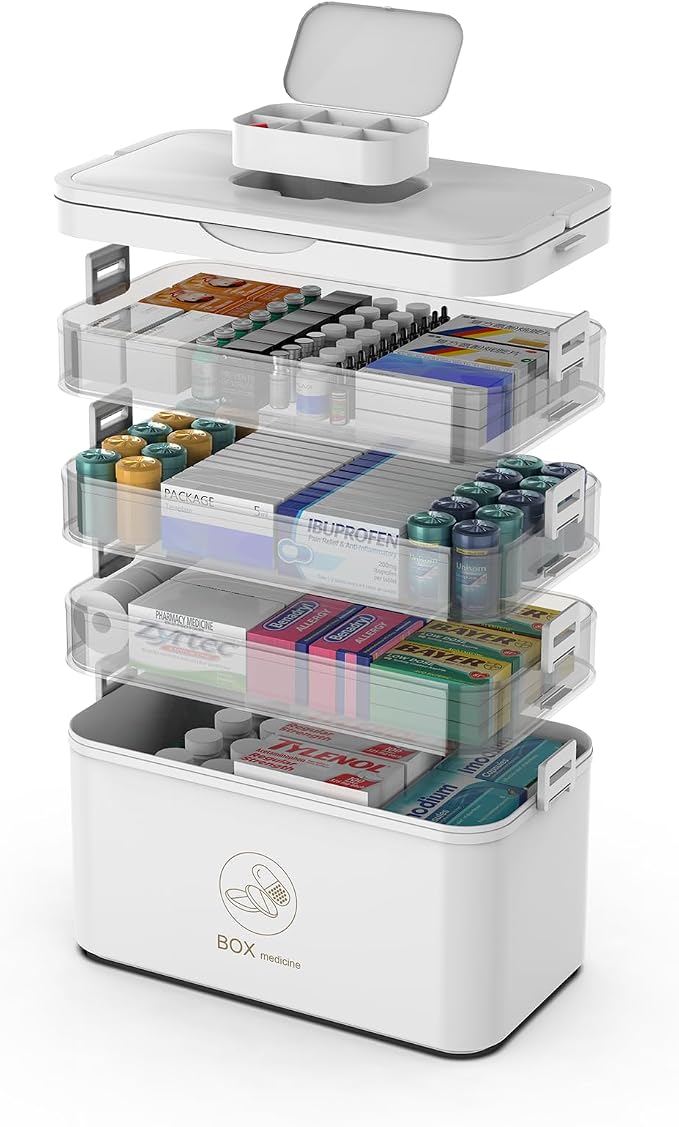 4 -Tier Medicine Organizer, Portable Medicine Cabinet Organizer with Plastic Handle, Multipurpose Medical Case Storage Box Empty First Aid Kit for Home and Outdoor