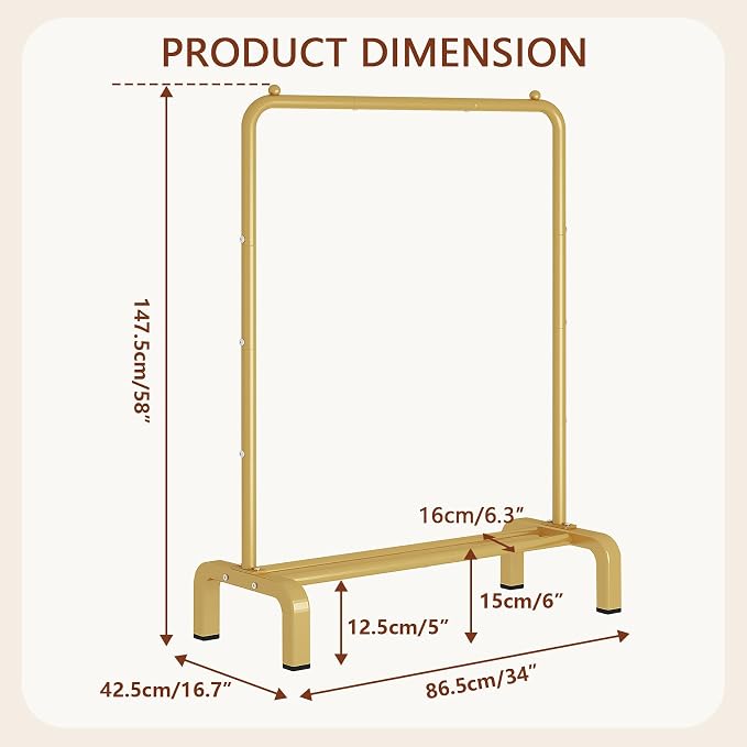 Garment Rack Clothing Clothes Rack for Clothes Organizing Gold | Standard Metal 34 Inches Garment Rack with Bottom Shelf for Hanging Clothes Coats Jackets Shirts Sweaters Jeans Gold