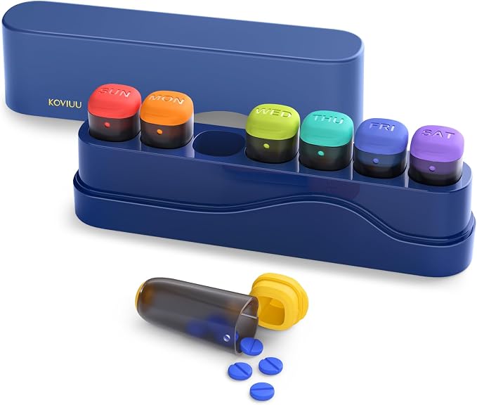 KOVIUU Weekly Pill Organizer 1 Time a Day, Detachable Pill Box 7 Day, Blue | Travel Pill Case | Once Daily Medication Dispenser | Week Pill Holder Container for Vitamin, Medicine, Supplement | BPA-Free