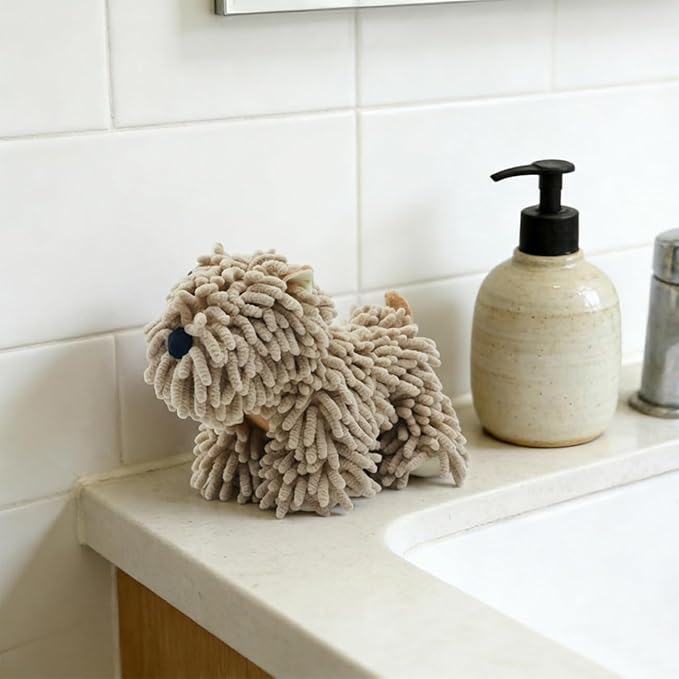 Cute Dog Chenille Hand Towel, 3D Puppy Hangable Fuzzy Ball Hand Towel Microfiber Super Soft Absorbent Bathroom & Kitchen Towels with Hanging Loop, Can Be Placed on the Sink Countertop (Khaki+Pink)