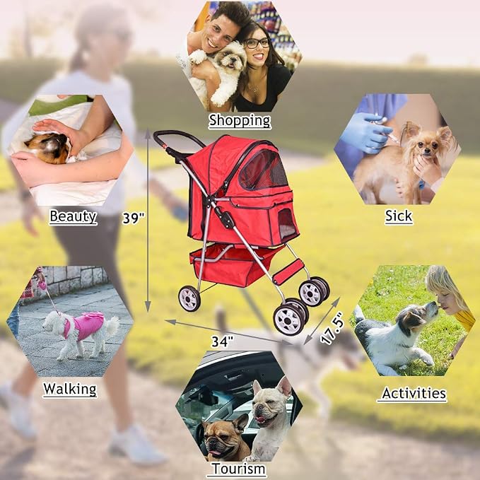 Dog Stroller Pet Stroller Cat Strollers Jogger Foldable Travel Carrier 35Lbs Capacity Doggie Cage Durable 4 Wheels Strolling Cart with Cup Holders and Removable Liner for Small-Medium Dog, Cat - Red