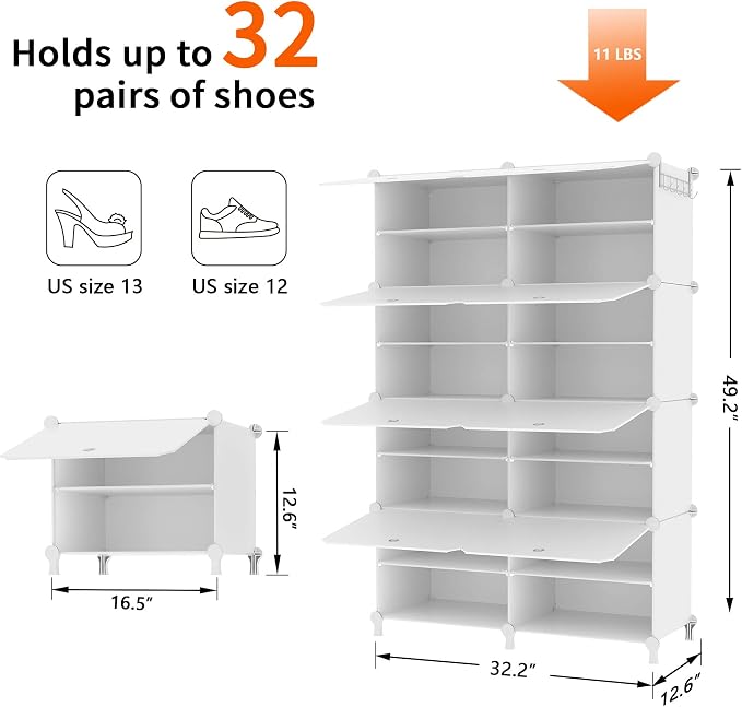 AWTATOS 8 Tiers Shoe Rack Organizer, 32 Pair Shoe Storage Cabinet, White | DIY Stackbale Plastic Shoe Organizer Shelves for Closet Entryway Hallway Bedroom