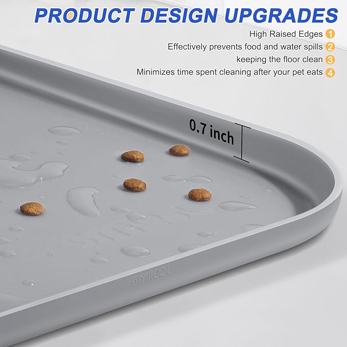 SMILOOL Silicone Pet Feeding Mat with Raised Edge for Food and Water, Dog Bowl Mats, Cat Bowls Placemat with High Lip for Floor Waterproof, Rubber Tray for Cats and Dogs 19 x 12 x0.7 Light Gray