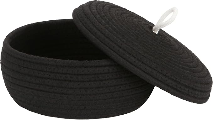 Sea Team Round Woven Cotton Rope Storage Basket with Lid, Black | Lidded Knitted Decorative Storage Bin, Pot, Caddy, Organizer, Container for Snacks, Towels, Plants, 10 x 4.5 Inches