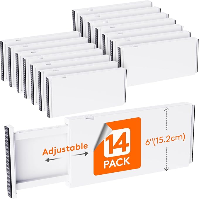 Lifewit 6" Tall Upgrade Drawer Dividers, Adjustable Deep Drawer Organizer | 14 Pack 13.5"-22" Expandable White Drawer Separator for Clothes, Dresser/Kitchen/Closet/Bedroom/Office Organization & Storage