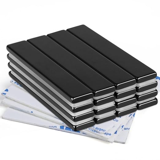 16 Pack Neodymium Bar Magnets with Adhesive Backing 60x10x3mm Black | Fridge Magnetic Strips Refrigerator Blocks Crafts Extra Super Sticky Bar for Science Experiments Classroom Craft Office