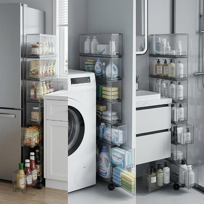 Slim Storage Cabinet with Wheels, Space Saving Narrow Rolling Cart, Thickened PET Transparent Drawer Organizer, Mobile Bathroom for Small Spaces Kitchen Laundry(Clear Gray,3.9*15.9*23.8in)