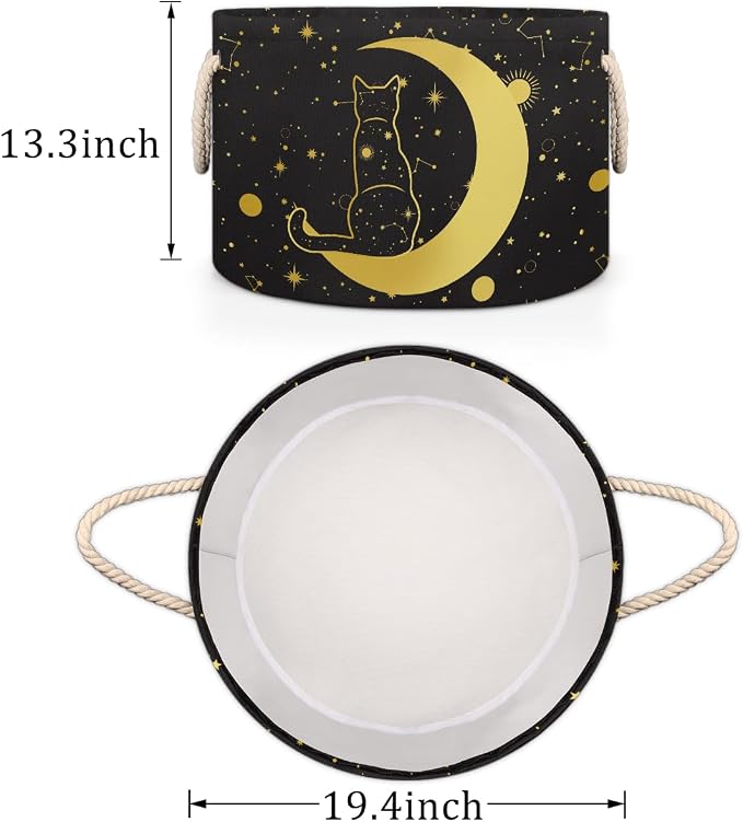 Storage Baskets - Moon Large Nursery Organizer Bin Box with Handles Collapsible Round Black Cat Laundry Hamper for Kids Boy Toys Pet Blanket, Bedroom Living Room Home Decor Gift Basket (19.4"x13.3")