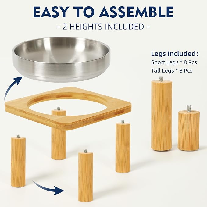 DoogCat Raised Cat Bowl, Elevated Cat Bowls with Bamboo Stand, Set of 2 | Premium Stainless Steel Bowls, Adjustable Height, Whisker-Friendly Design, Elevated Feeding, Easy to Clean