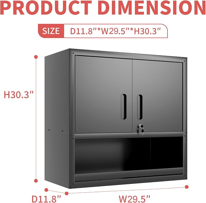 Garage Wall Cabinet with 2 Locking Doors and Shelf Metal Storage Cabinet | Wall Mounted Heavy Duty Steel Tool Cabinet Hanging Cabinet for Garage Warehouse Bathroom Kitchen,Assembly Required