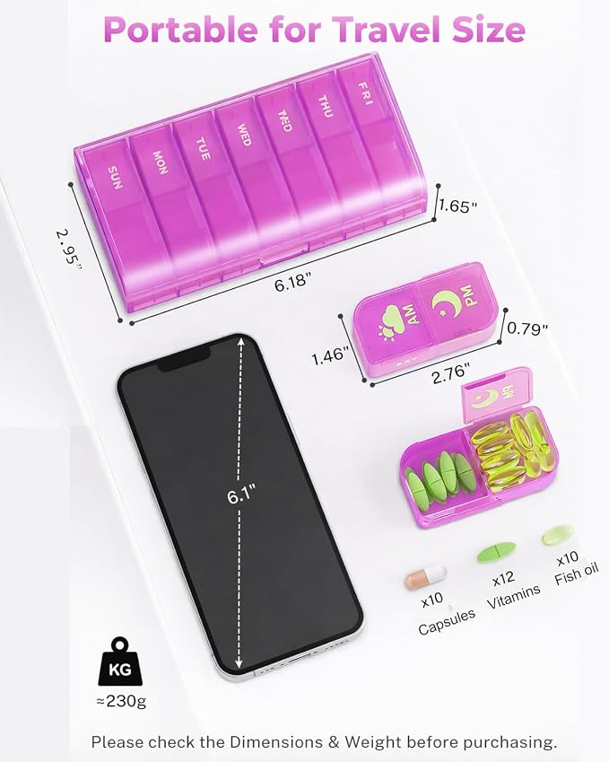 Weekly Pill Organizer 2 Times a Day, 7 Day AM/PM Pill Box, Portable Medication Dispenser with Child-Resistant Latch, BPA-Free, Travel, Office, Pets, Emergency Use (Lavender Purple)