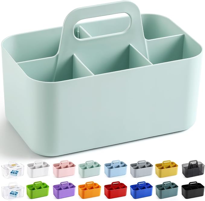Multiuse Caddy Organizer with Handle, Portable Divided Plastic Tote Bin - Art Craft, Stationary Pen Marker Crayons, Makeup Hair Supplies Storage - Bathroom, Classroom, Dorm, Office, Desk Holder - Mint