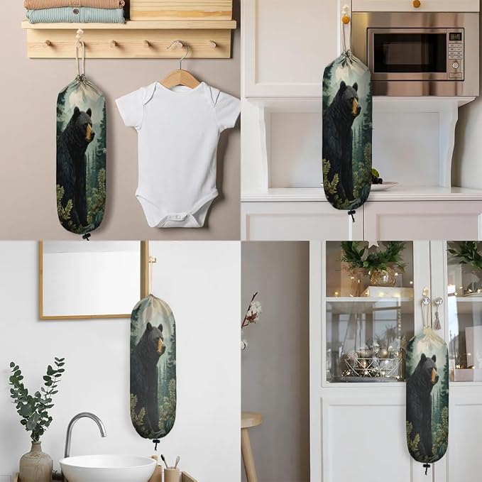 Forest Bear Plastic Bag Holder Green Tree Grocery Bag Storage Dispenser Washable Hanging Shopping Bags Carrier Reusable Wall Mount Trash Bag Organizer for Kitchen Pantry