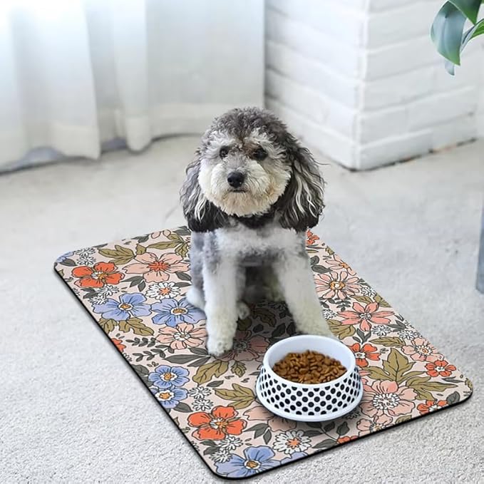 Dog Food Mats for Floors Waterproof, Cat Water Bowl Mats Pet Feeding Absorbent Placemats Flower 17 * 30 inch