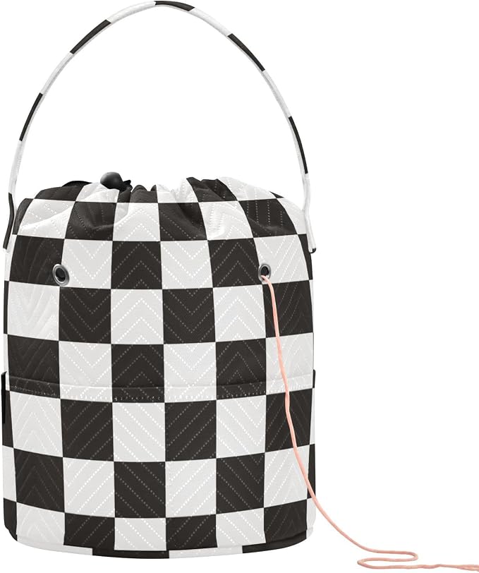 Tatenale Crochet Bag Yarn Bag Knitting Project Bag with Pockets and Handle Portable Yarn Storage Organizer Tangle Free 8.3x11 InchCheckered Black and White15