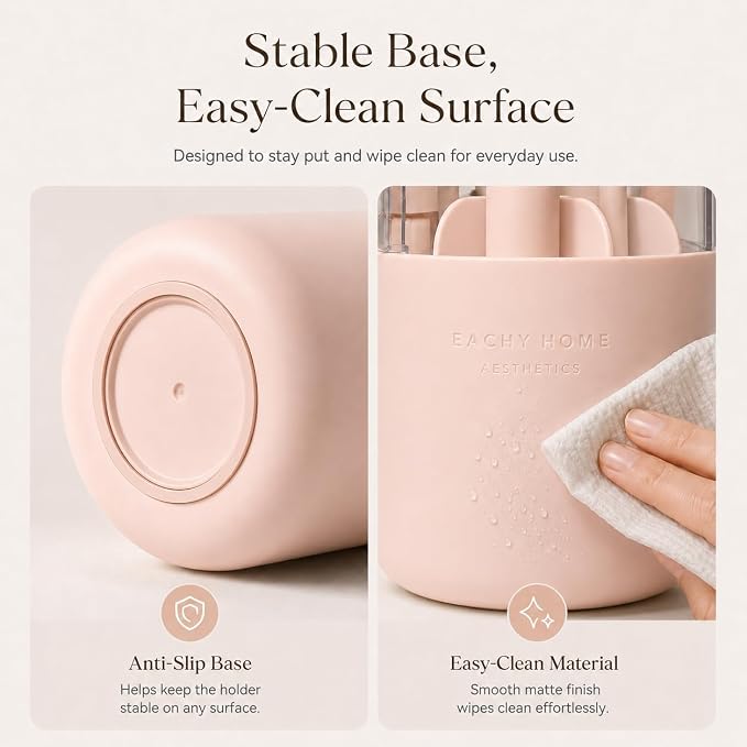 EACHY Makeup Brush Holder with Lid, 360° Rotating Vanity Organizer for Brushes, Dustproof Cosmetic Display Case, 7 Compartments, Waterproof Plastic (Pink)