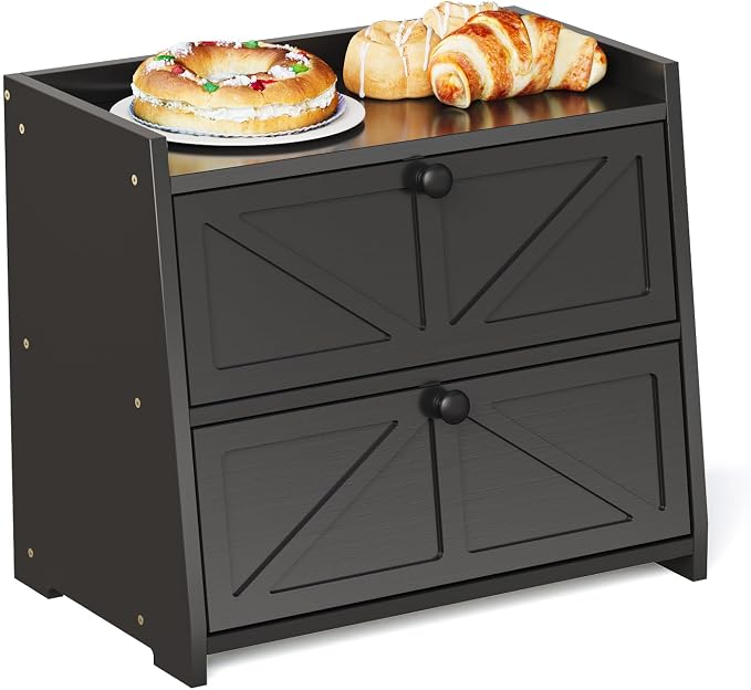 Trironsun Vintage Double Layer Bread Box for Kitchen Counter Bamboo Bread Storage Container Large Capacity Bread Storage Bin (Black)