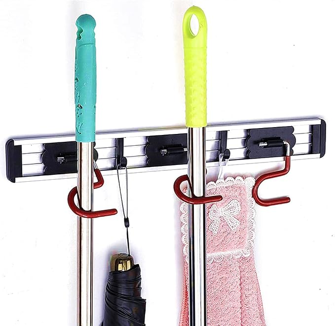 Wall Mounted Mop and Broom Holder Stainless Steel S Type Broom Rack Anti-Slip Mop Organizer (16.5 Inches,3 Positions 2 Hooks, Red black)