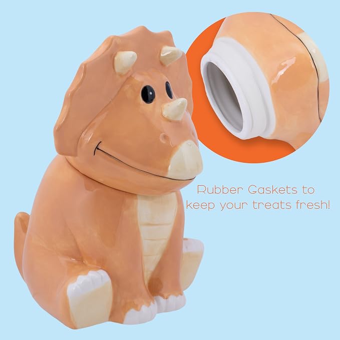 Dolomite Ceramic 9.9 x 9.6 Everyday Cookie & Candy Jar with Airtight Lid: Perfect for Kitchen Canisters, Pet Treat Containers & Decorative Storage, Tan Triceratops Dinosaur