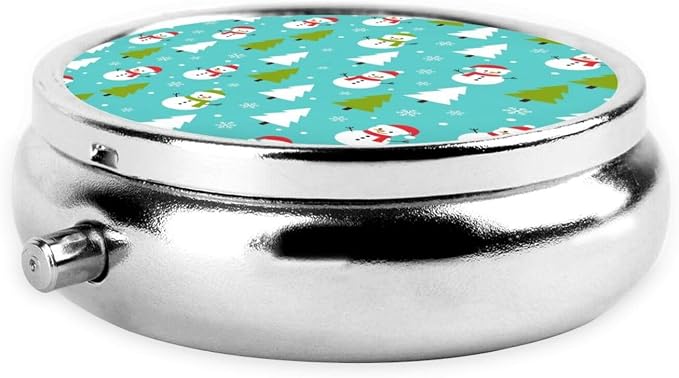Mini Pill Container, Christmas Cute Snowman Snowflakes Tree Mint Green Round Sturdy Organizer, Portable Holder for Supplements, Travel Pill Case Purse Essential for Gym