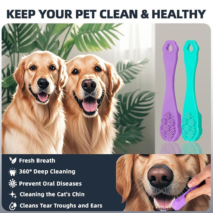 4PCS Dog Bath Brush | Scrubber for Bath | Shampoo Brush | Toothbrush | Finger Toothbrush | Dog Shower/Washing Brush with Adjustable Ring Handle - Pet Bath Supplies (Blue Green)