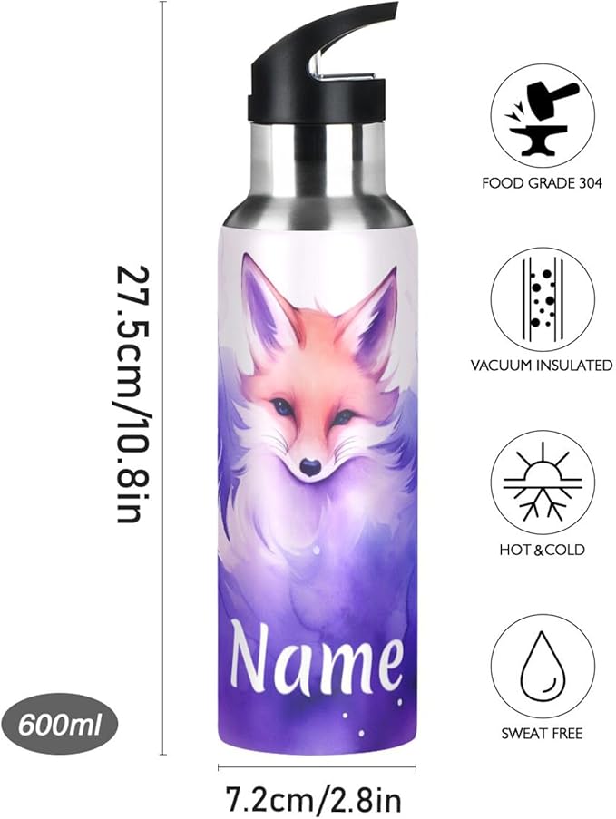 Custom Name Fox Art Water Bottle with Straw Lid Kids Insulated Stainless Steel Water Flask Sports, 20 Oz Hot Cold