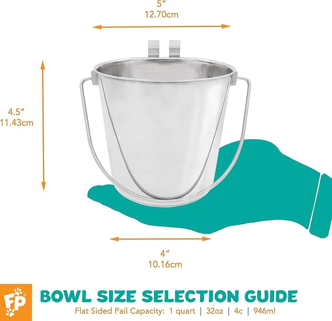 Fuzzy Puppy Flat Sided Pail with Dual Hooks, Snugly Fit On Dog, Cat and Critter Crates & Cages, Heavy Duty Stainless Steel | 1 Quart, (PN: FSP-1)