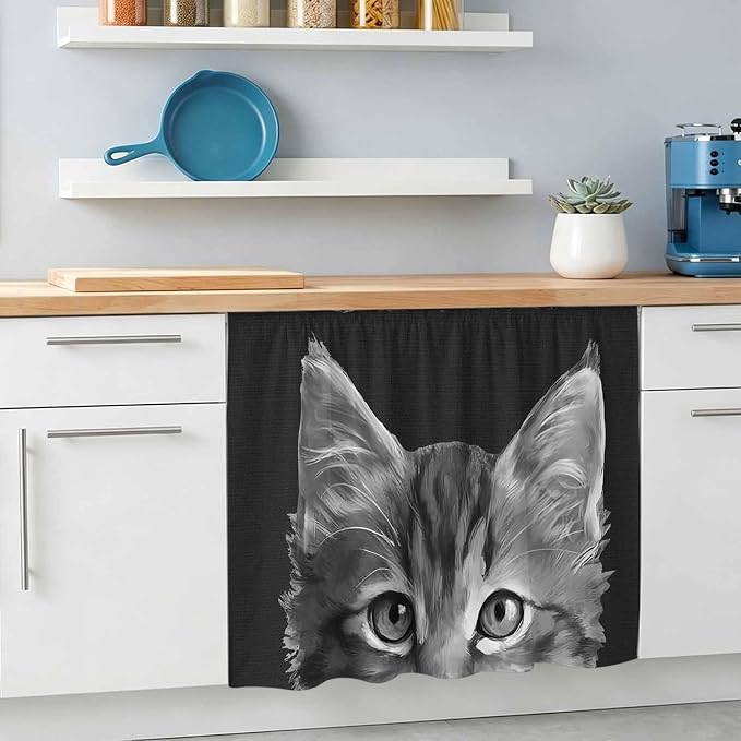Black Cat Small Sink Skirt 10"Wx11"L, Dustproof Under Sink Curtain with Self Adhesive Tape, Cute Pets Eyes Fur Vintage Oil Painting Cabinet Curtain Cover for Bathroom Vanity, Kitchen Storage Shelf, RV