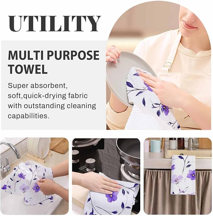 Purple Flower 2Pcs Kitchen Towels Poppy Watercolor 16X24 Inch Ultra Soft Tea Towel Super Absorbent Terry Dish Towels for Kitchen Linens