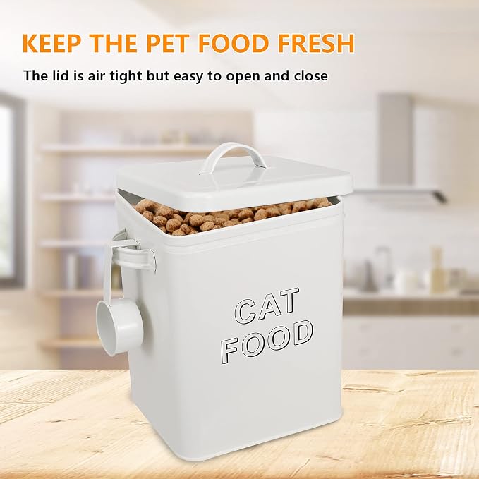 Pethiy Cat Food and Treats Containers Set with Scoop for Cats or Dogs -Tight Fitting Wood Lids - Coated Carbon Steel - Storage Canister Tins-Cat-White
