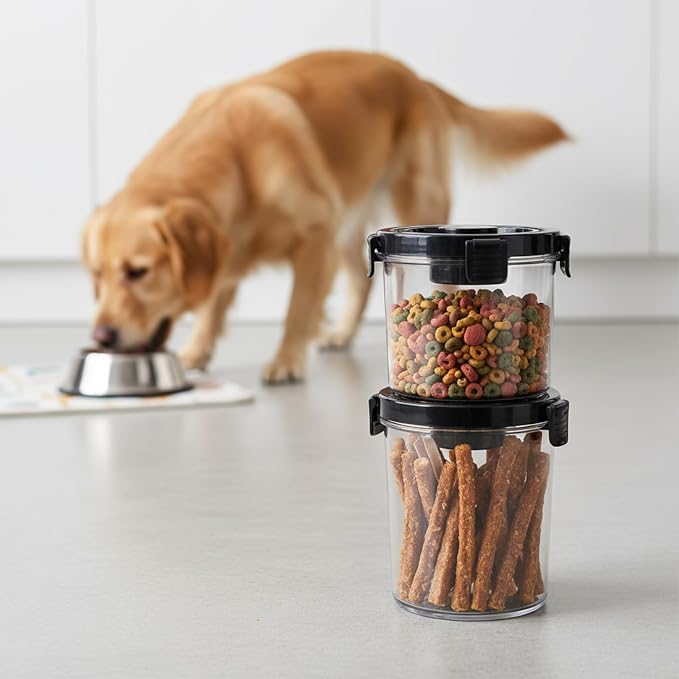 Dog Treat Container, Dog Food Storage with 2 Jars, Airtight Pet Treat Storage With Lids,Small Pet Food Container, Puppy Treats Bin for Kitchen Counter,Freshness Seal-Clear, Rotundity