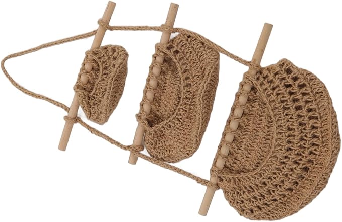 Handcrafted 3-Tier Hanging Wall Basket Made of Hemp Rope and Wood, Rustic Wall-Mounted Fruit and Plush Doll Organizer