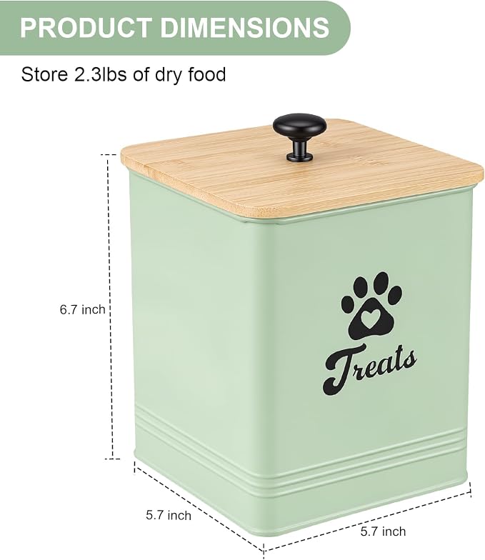 Dog Treat Container Airtight, 5.7"W x 6.7"H Iron Pet Treat Jar with Bamboo Lid, 12 Cup Food Storage Canister for Kitchen Counter, Decorative Pet Cookie Jar for Dog Snacks Kibble,Saga Green