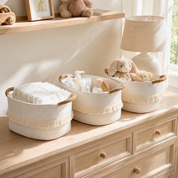 Storage Basket, Woven Baskets for Shelves, White Basket | 3 Pack Boho Cotton Rope Storage Baskets, 14" x 9" x 8", Home Organizer for Nursery, Holds Toys, Books & Towels