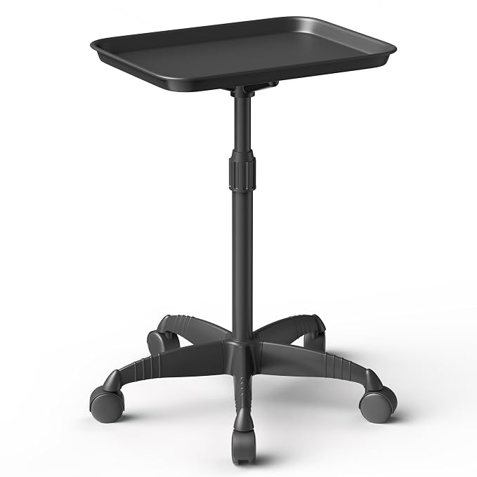 37" Rolling Salon Tray on Wheels Black, Adjustable Height | Aluminum, Tool-Free Assembly, Stable Base, 360 Mobility, For Spa Clinic Tattoo Studio and Home Salon Use