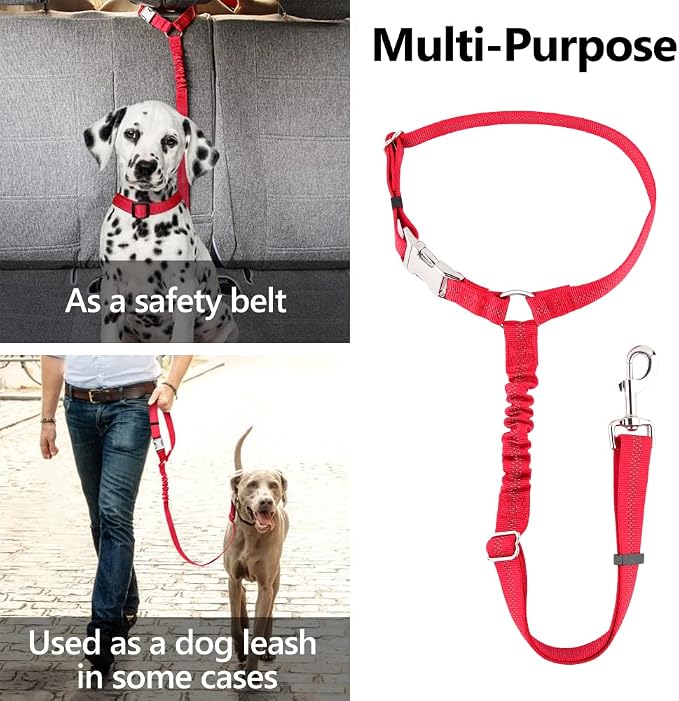 Plutus Pet Dog Seat Belt for Car Headrest, Reflective with Elastic Bungee | Adjustable Restraint for Safety, Vehicle Seatbelt Harness for Small Medium Large Dogs and Cats, Red