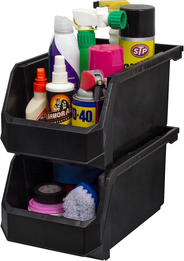 Akro-Mils ReadySpace Large Stackable Plastic Storage Bins, 6-Pack, Black | Open-Front Stackable Bins For Garage, Pantry, Closet & Office, 14,8"L X 8"W X 7"H, Nests When Empty, Durable Plastic,